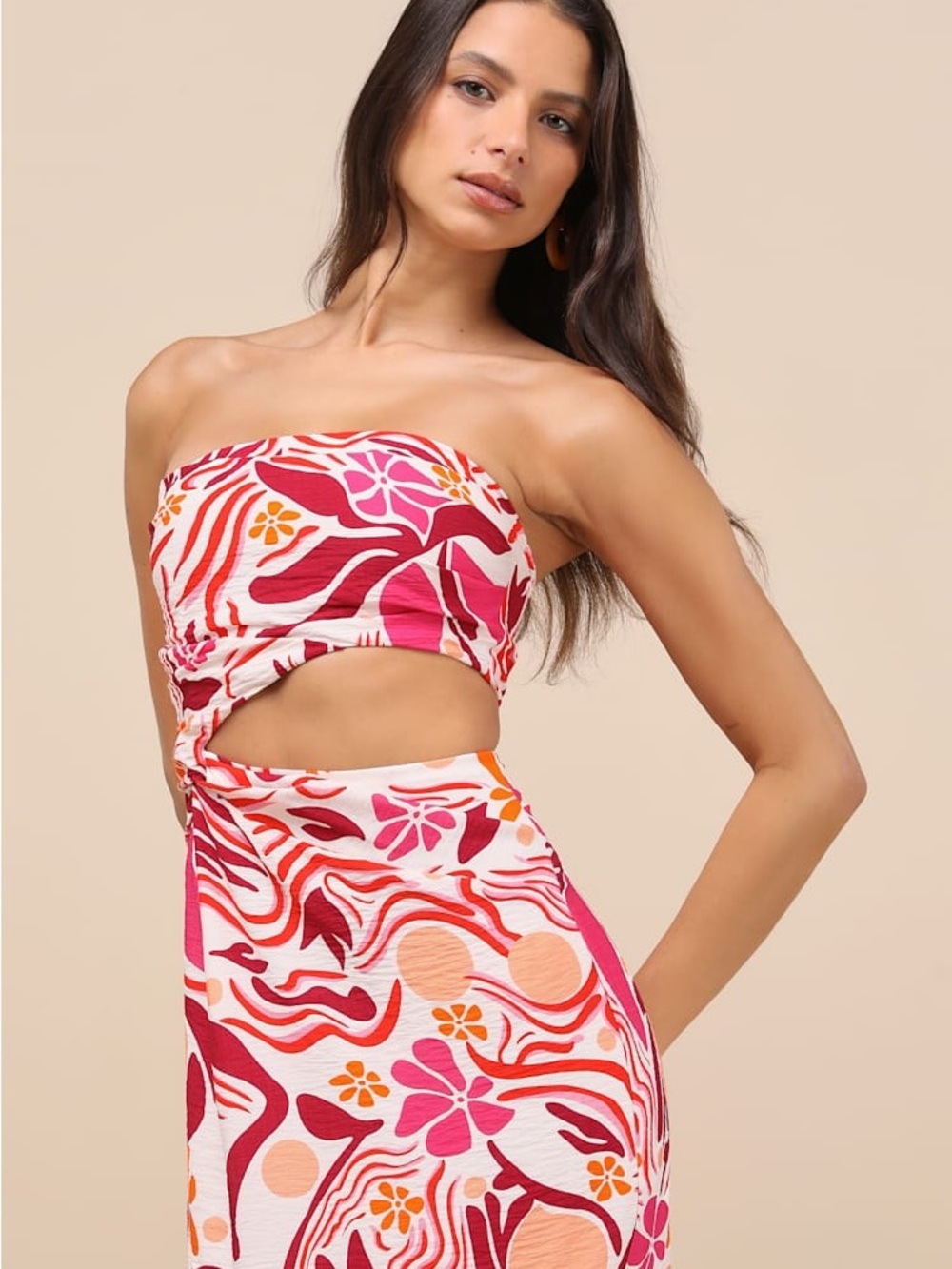 Lulus Zisel Ivory and Pink Floral Cutout Strapless Midi Dress Size XS NWT